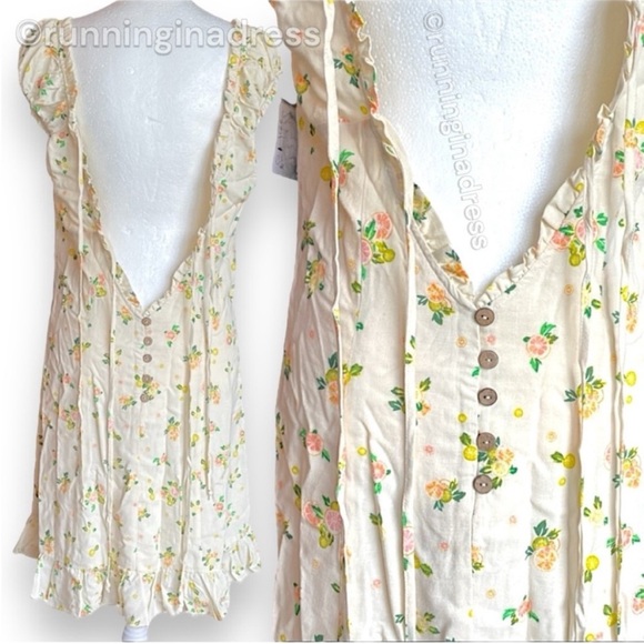NWT Free People Like A Lady Mini Ruffle Dress Ivory Citrus Ditzy Floral Medium - Picture 5 of 11
